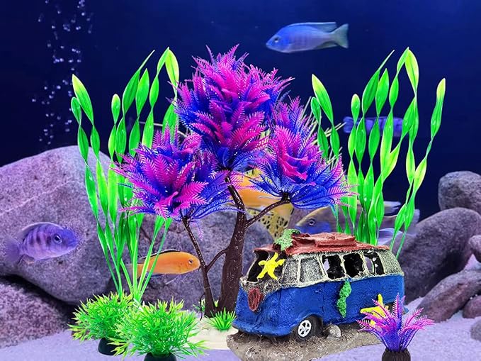 6PCS Fish Tank Aquarium Decorations Plastic Plants with Resin Cave Rock for Fish Hideout (Purple Set)