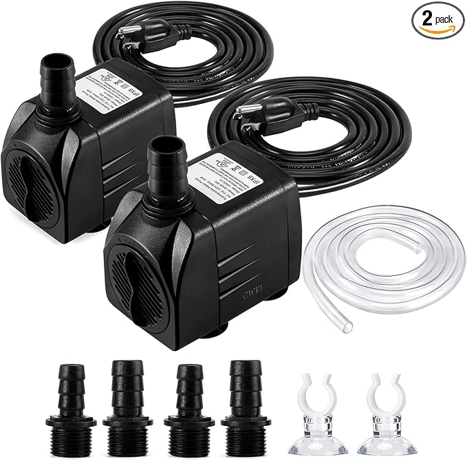 CWKJ Fountain Pump, 2 Packs 400GPH(25W 1500L/H) Submersible Water Pump, Durable Outdoor Fountain Water Pump with 6.5ft Tubing (ID x 1/2-Inch), 3 Nozzles for Aquarium, Pond, Fish Tank, Water Pump