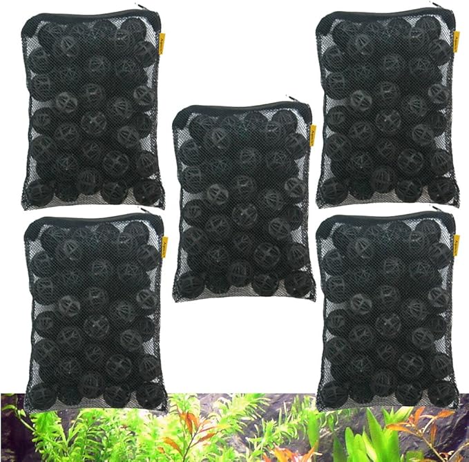 Canister Filter Media Replacement Bags - Activated Charcoal Pellet Carbon, Bio Ceramic Rings, 1" Bio Sponge Balls for Aquarium Fish Pond Tank Canister Water Filtration (Bio Balls 5-Pack)