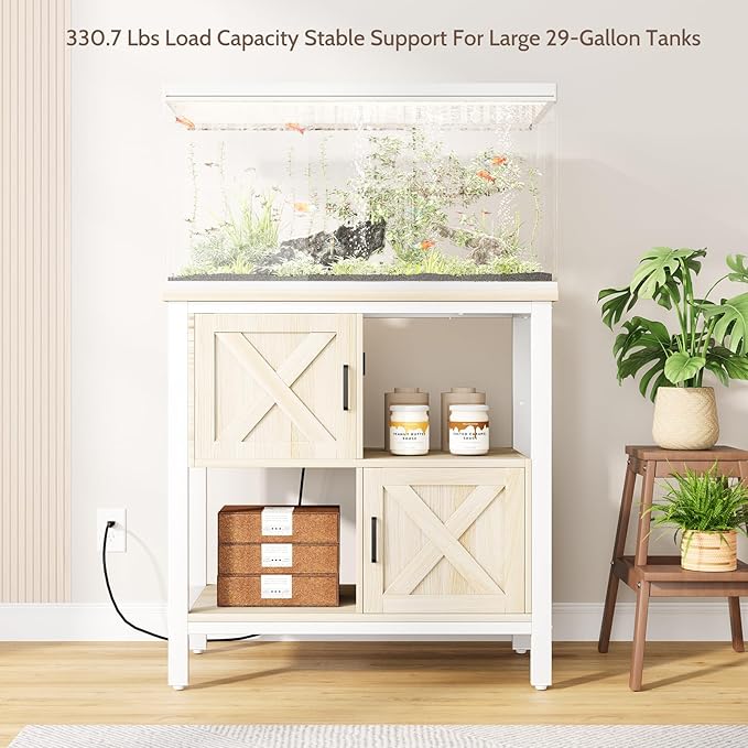 20-29 Gallon Fish Tank Stand with Power Outlet, Farmhouse Aquarium Stand with 2 Cabinets, 20 Gallon Fish Stand with 4 Adjustable Legs, 16.5" L*30.7" W Tabletop (White)