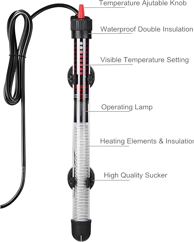 JacobsParts 50W Submersible Aquarium Heater, Adjustable Temperature for Fish Turtle Tank with Suction Cup Mounting
