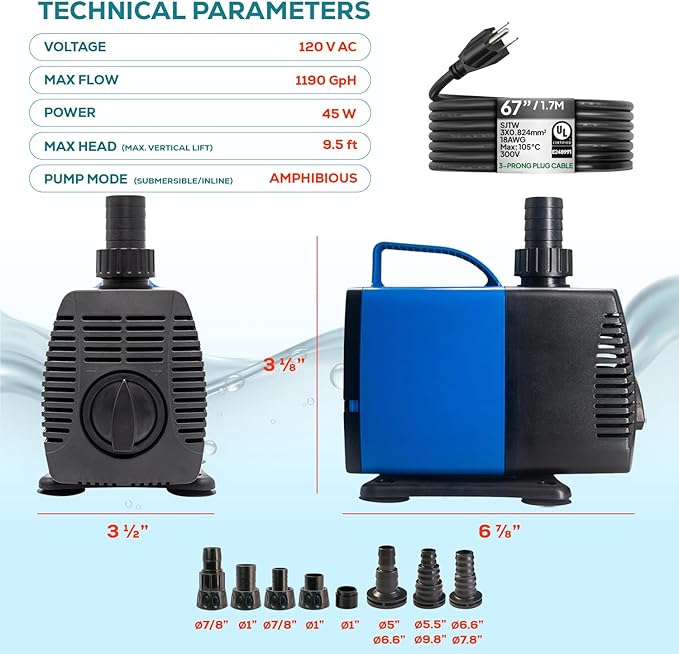 Aqua Dream 713 GPH Amphibious Water Pump - 45W Submersible or Inline External Pump with Corrosion Resistant Ceramic Shaft, 8.5ft Max Lift for Aquariums, Ponds, and Hydroponics - 8 Pcs