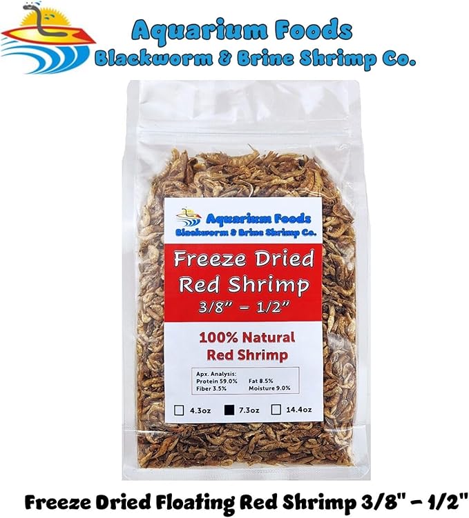 Red Shrimp, 3/8" to 1/2" Floating Freeze Dried Red Shrimp for All Tropical Fish, Cichlids, Medium Size Catfish, Marines, Pond Fish, Turtles, Hamsters, Reptiles…7.3oz Clear Bag