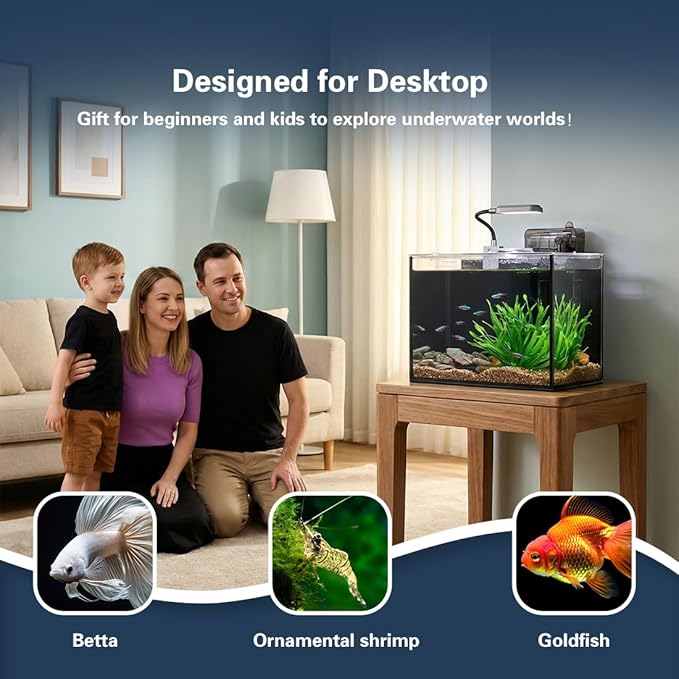 Betta Fish Tank,Aquarium Starter kit,1.8 Gallon Fish Tank Kit,Small Aquarium,Small Fish Tank,Ultra-Clear Nano Aquarium with Light,Filter,Cobblestone,Sand and Artificial Plants