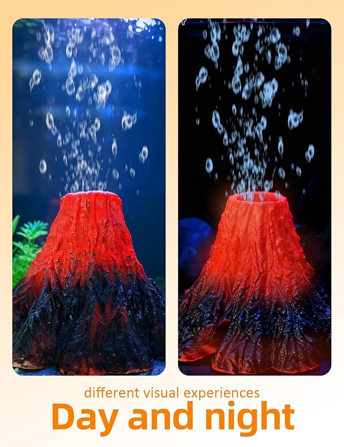 Aquarium Volcano Ornament Kit,Bubbler Decoration for Fish Tank Resin Volcanic Decoration with Air Stone Bubbler Colorful LED Light