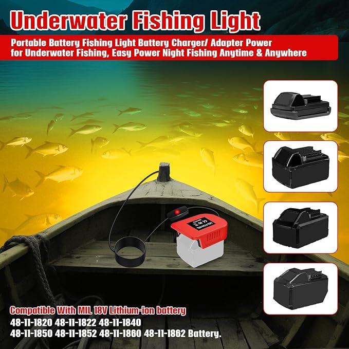 Underwater Fishing Warm Light Compatible with Milwaukee M18 Battery,1300 Lumens, LED Light for IP68 Waterproof Submersible Fish Attracting Light, Night Fishing Light (No Battery)