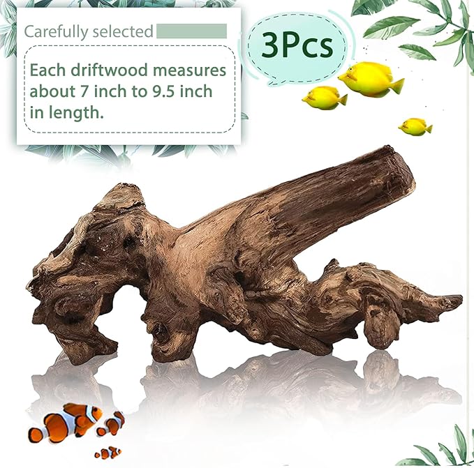 Tfwadmx Natural Driftwood Aquarium Decor Wood Branches, 3 Pieces 7-9.5" Fish Tank Driftwood Decoration, Terrarium Mopani Wood for Aquarium Freshwater Reptile Tank