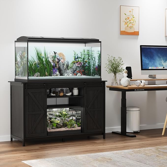 VOWNER Farmhouse 55-75 Gallon Fish Tank Stand with Power Outlet, Aquarium Stand with Storage Cabinet and Sliding Barn Door, Heavy Duty Reptile Tank Stand, for 2 Tanks, 1000LBS Capacity, Black