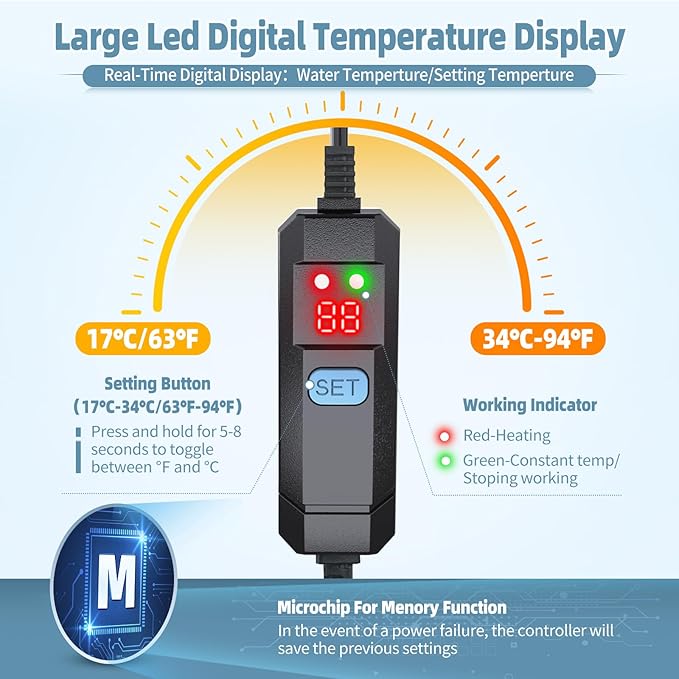 Submersible Aquarium Heater 25W/50W/75W/100W for 1-25 Gallon Fish Tank Heater with Intelligent Leaving Water Automatica Stop Heating System & Overheating Protection, for Fresh & Salt Water