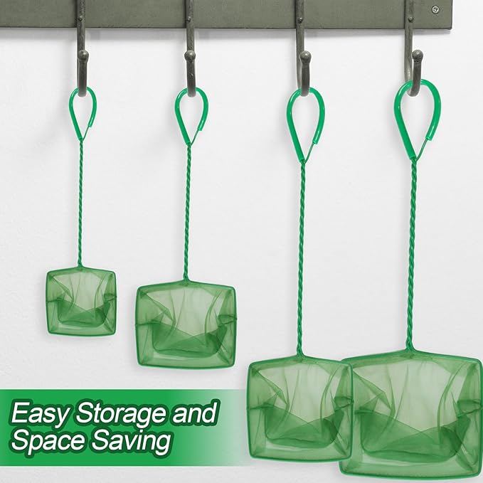 4 Pack Aquarium Fish Net 4 Sizes Quick Catch Mesh Nylon Fishing Catch Nets Square Fish Nets with Handle (3in, 4in, 5in, 6in)