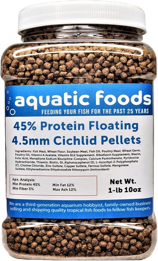Cichlid Pellets, 45% Protein Floating 4.5mm (5/32") Pellets for Oscars, Central American, South American Cichlids…1-lb 10oz Med Jar