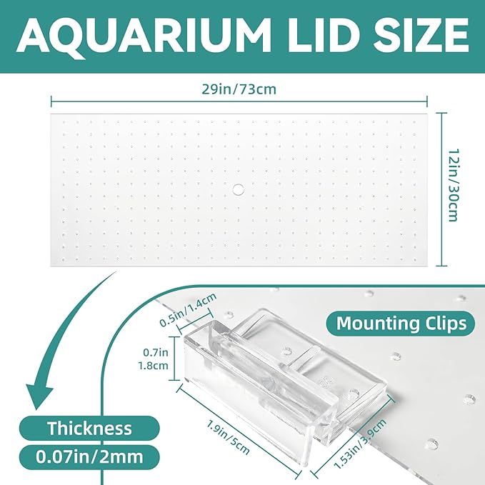 2 Pack Aquarium Acrylic Fish Tank Lid Cover for 20/29/37 Gallon, 29 x 12 Inch Cuttable Acrylic Canopy Top, Anti-Jump Mesh Net with Clips