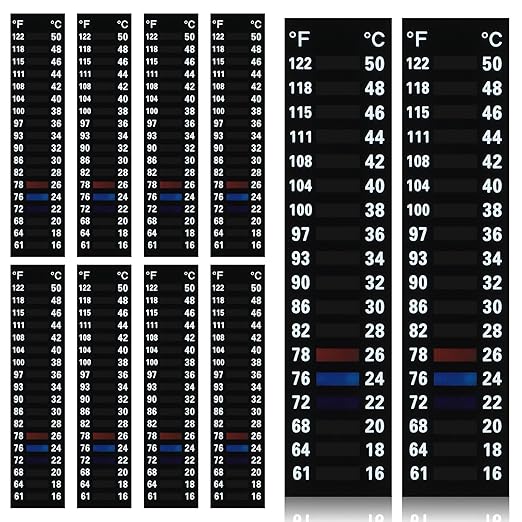 Qianyu 10PCS Fish Tank Thermometer Sticker Aquarium Thermometer StripThermometerSticker Stick On Thermometer Strip Easy to Read 61-122℉(16-50°C) Temperature Strips Terrarium Water Temperature Test