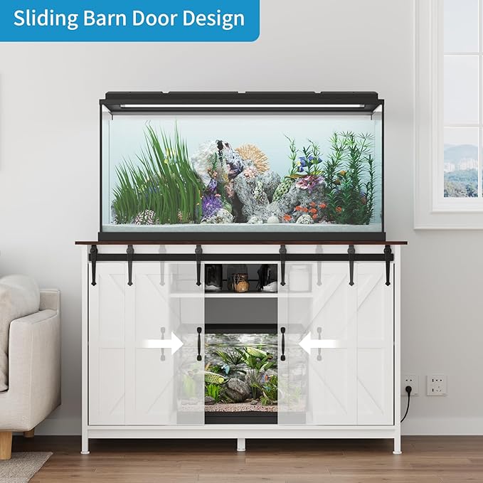 VOWNER Farmhouse 55-75 Gallon Fish Tank Stand with Power Outlet, Aquarium Stand with Storage Cabinet and Sliding Barn Door, Heavy Duty Reptile Tank Stand, for 2 Tanks, 1000LBS Capacity, White + Walnut
