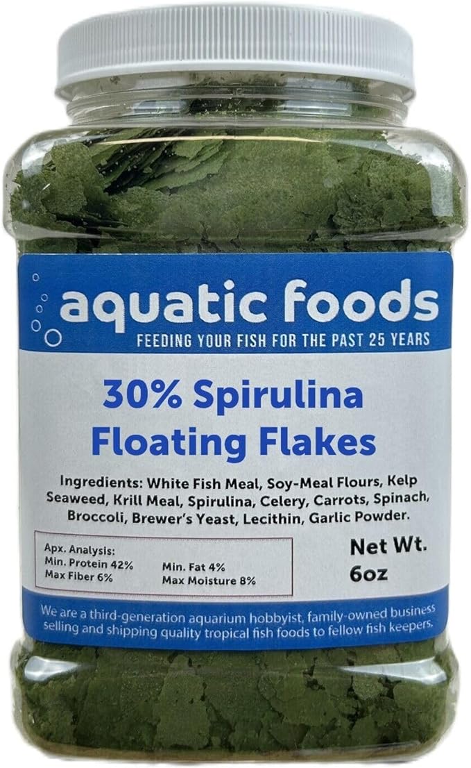 30% Spirulina Premium Flakes for African Cichlids, All Central and South American Cichlids, Koi, Pond Fish, All Community Tropical Fish...WL 6oz Med Jar
