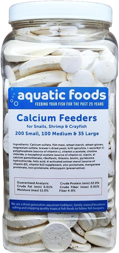 Calcium Feeder Disks for Shrimp, Snails, Crabs, Crayfish, Hermit Crabs and All Tropical Fish, 335 Count Jar of Small-Medium-Large Feeder Disks