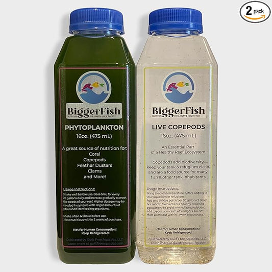 BiggerFish Live Copepods + Phytoplankton Combo Pack for Saltwater Fish, Coral, Invertebrates, 2 16oz Bottles, Provide Vital Biodiversity and Nutrition for Saltwater Reef Aquariums