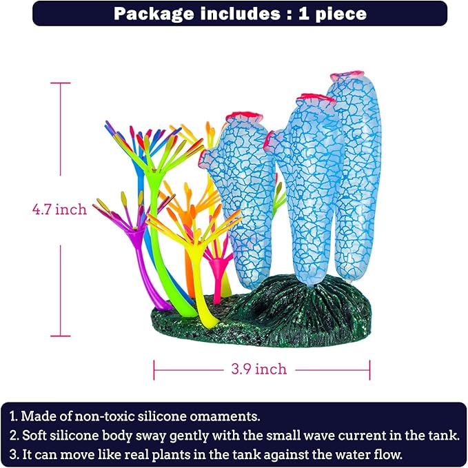 Dynamic Glow in The Dark Aquarium Decorations: Unleashing Visual Effects with Soft Silica Gel, Changing Lights, and Colorful Glowing Coral Ornaments (Blue, Seaweed Moon)