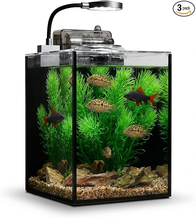 1.2 Gallon Betta Fish Tank, Small Aquarium Kit,Glass Small Fish Tank,Betta Fish Tank with a lid and Light and Filter, Small Transparent Glass Fish Tank with Light and Filter(Black Glass Background)