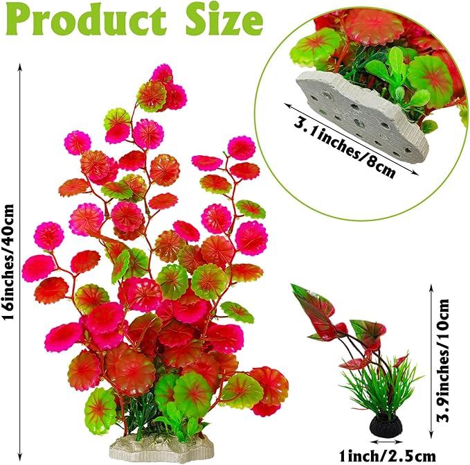 Hamiledyi 2 Pcs Large Aquarium Plants with 2 Pcs Small Artificial Seaweed Plants, 16 Inch High Artificial Plants Decoration, Fish Tank Decor Plastic Plants, Perfect for Aquarium Decor(Pink)