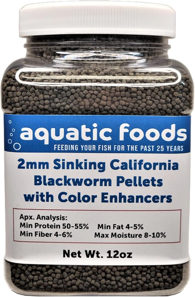2mm Sinking Blackworm Pellets with Color Enhancers & Vitamins for Small Breeds, Fish, All Life Stages, 12oz Jar
