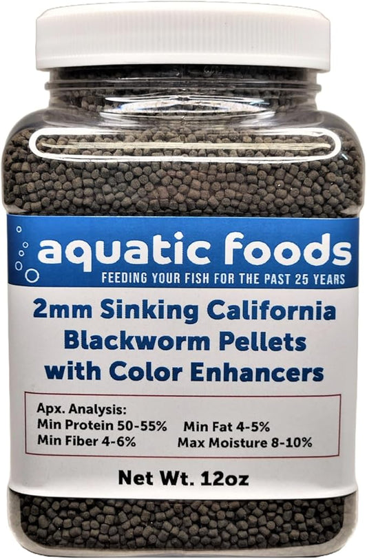 2mm Sinking Blackworm Pellets with Color Enhancers & Vitamins for Small Breeds, Fish, All Life Stages, 12oz Jar