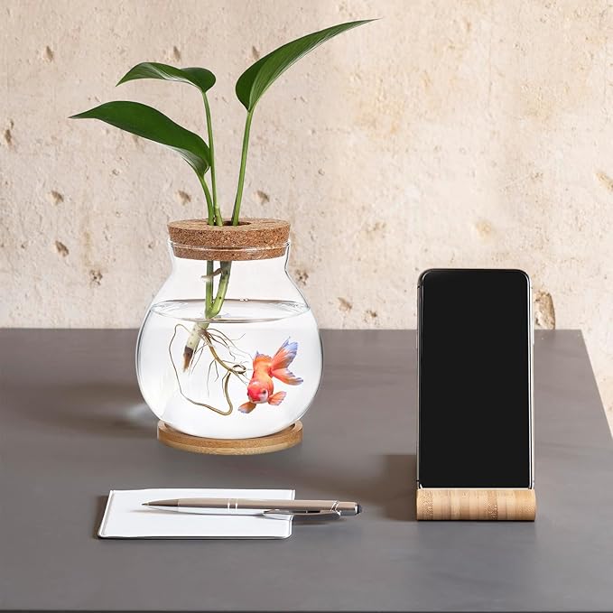 Milisten Desktop Fish Tank Small Glass Fish Bowl with Bamboo Cushion and Wood Lid Hydroponic Plant Terrarium Betta Aquarium for Home Office Decoration
