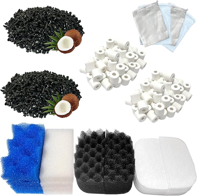 24 Sets Aquarium Replacement Media Maintenance Kit Compatible with Fluval 106 & 107 Canister Filters, Including Bio Sponge Filters, Activated Carbons, Ceramic Rings, Mesh Bags, Filter Pads