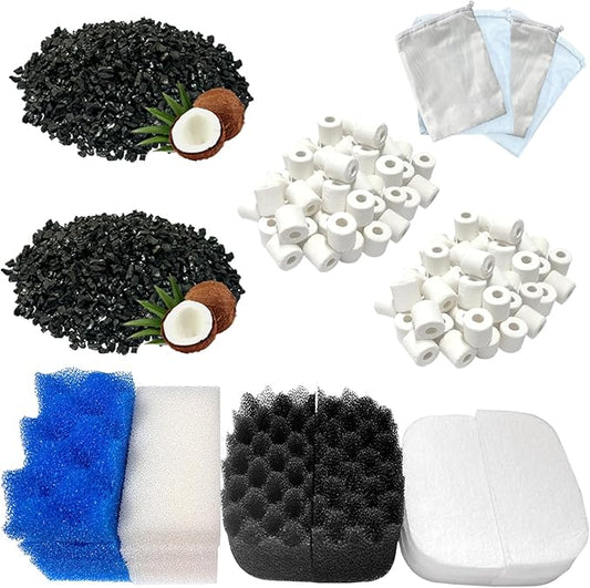 24 Sets Aquarium Replacement Media Maintenance Kit Compatible with Fluval 106 & 107 Canister Filters, Including Bio Sponge Filters, Activated Carbons, Ceramic Rings, Mesh Bags, Filter Pads