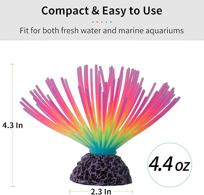 Uniclife Aquarium Imitative Rainbow Sea Urchin Ball and Pink Strip Coral Plant Ornament Artificial Silicone Ornament with Glowing Effect for Fish Tank Landscape Decoration