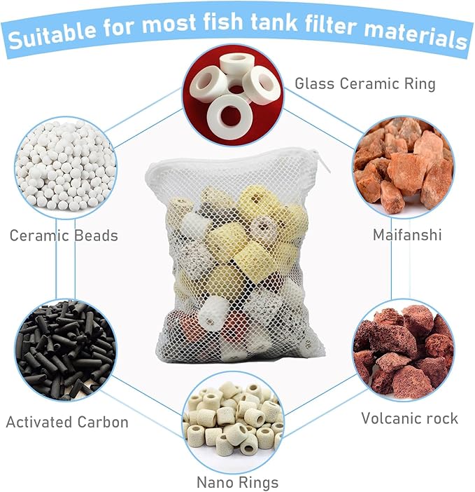 10PCS Aquarium Filter Media Bags with Drawstring Zipper, Reusable Fine Mesh Bags for Activated Carbon, Bio Balls, Ceramic Rings, Substrate, Fish Tank Filter Accessories