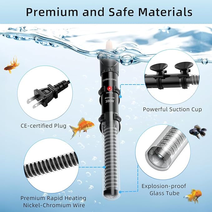 HiTauing Aquarium Heater 25W/50W/100W/200W/300W, Adjustable Knob Fish Tank Heater with Digital Thermometer, Submersible Betta/Turtle Tank Heater for Freshwater and Saltwater Tanks