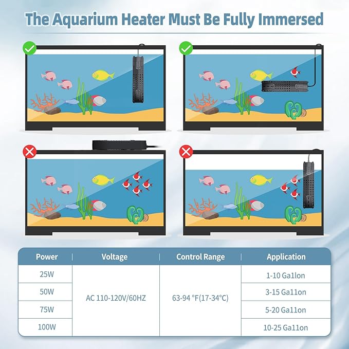 Submersible Aquarium Heater 25W/50W/75W/100W for 1-25 Gallon Fish Tank Heater with Intelligent Leaving Water Automatica Stop Heating System & Overheating Protection, for Fresh & Salt Water