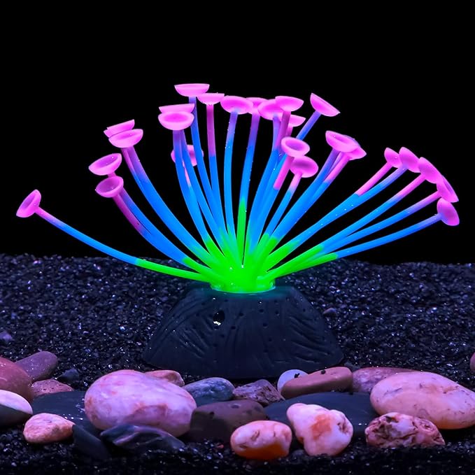 Dynamic Glow in The Dark Aquarium Decorations Unleashing Visual Effects with Soft Silica Gel, Changing Lights Colorful Glowing Coral Ornaments for Fish Tank Decor (Purple, Calla)