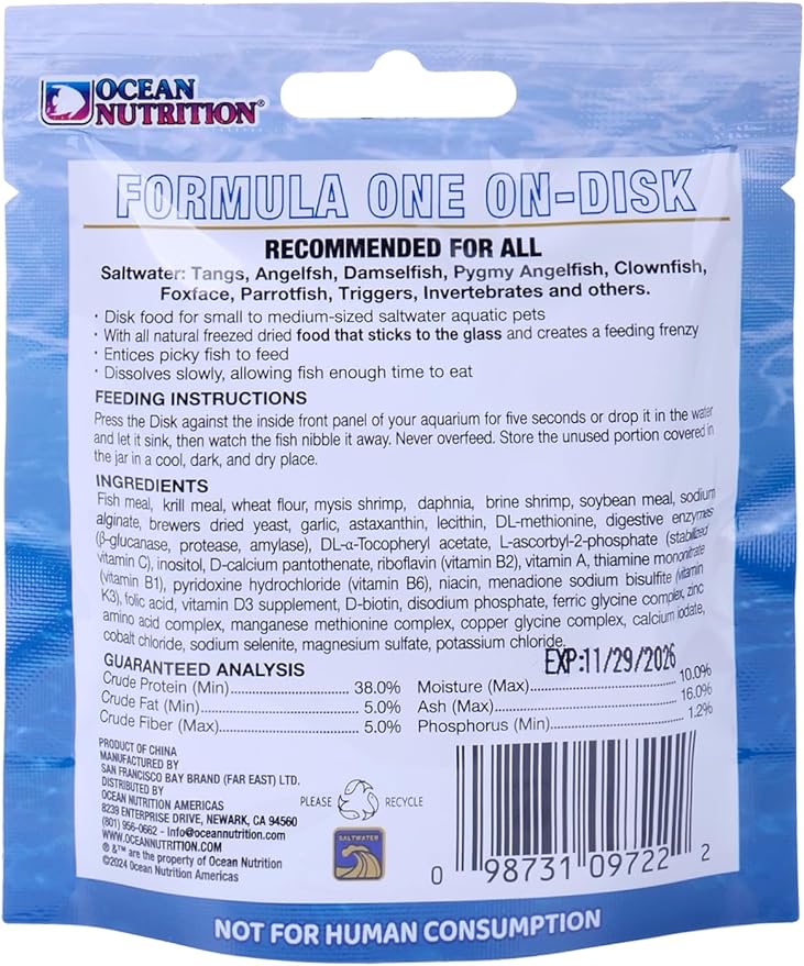 Ocean Nutrition Fish Food Formula One On-Disk - All-Natural Fish Food for Saltwater Carnivore, Tangs, Angels, Clownfish, High Protein (38%), 0.37 oz (10.5 g), Small Size
