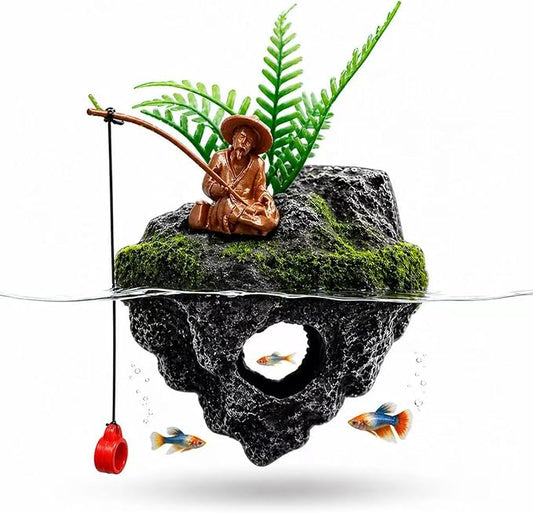 Resin Aquarium Floating Island Decoration, Fish Tank Floating Hiding Cave, Fisherman Decoration Accessory, Betta Fish Habitat, Suitable for Guppies, Rainbowfish and Hermit Crabs