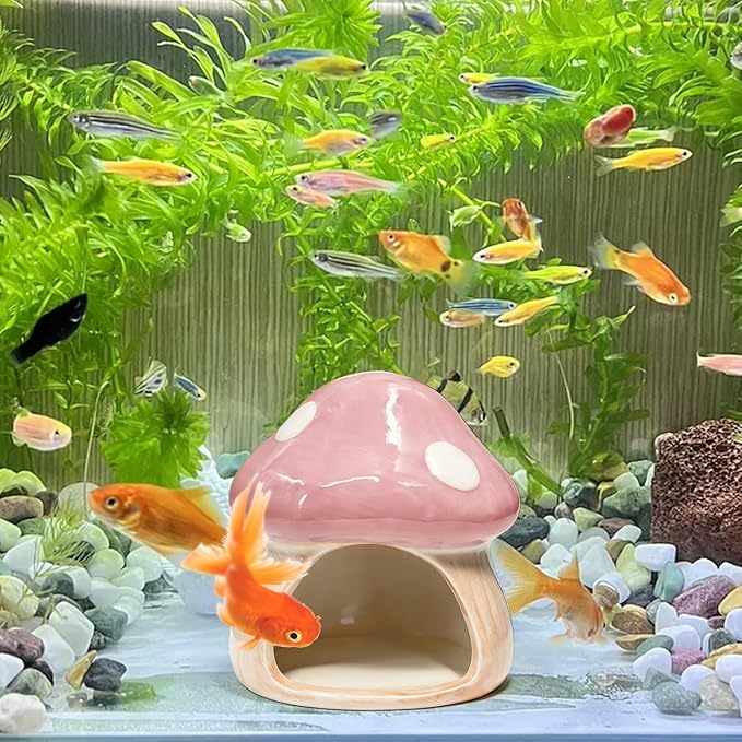 Betta Fish Tank Accessories, Ceramic Mushroom House Aquarium Decor - Cute Pink Hideout Cave Ornament for Small Fish, Shrimp, Goldfish, Hamsters & Reptiles (Pink)