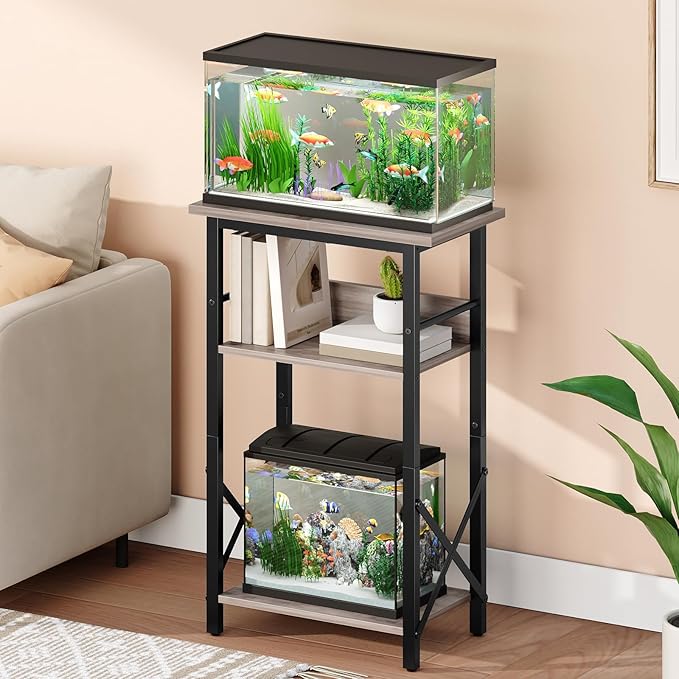 HOOBRO 10 Gallon Aquarium Stand, 3-Tier Fish Tank Stand with Storage, Reptile Turtle Tank Stand with Metal Frame, 20.5" L x 11" W , Greige BG52FT01