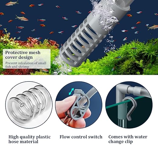 7.2ft Manual Adjustable Fish Tank Cleaner Air Bag Valve Hot Tub Vacuum Gravel Sand Cleaning Aquarium Vacuum with Flexible Hose & Wand for Pool Grass Debris