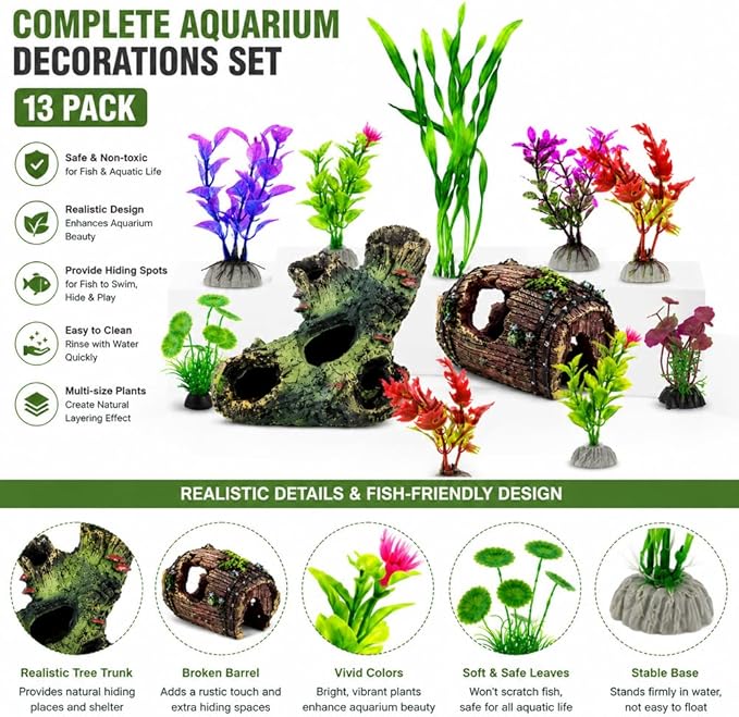 Aquarium Decorations Set, Fish Tank Decor with Artificial Plants and Resin Ornaments, Betta Fish Tank Accessories for Small Tanks, Soft Safe Plastic Plants with Hideout Cave Décor(Ornaments set #2)