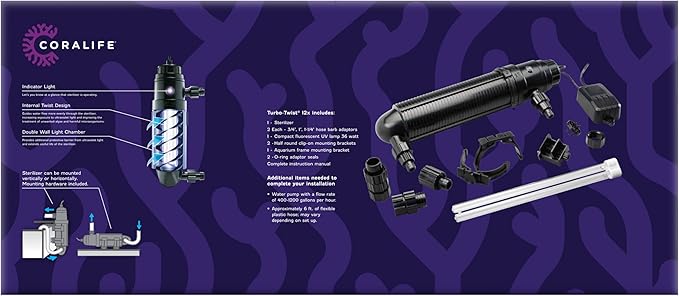 Coralife Aquarium Fish Tank Marine Salt Water Turbo-Twist UV Sterilizer 12X, For up to 500 Gallons