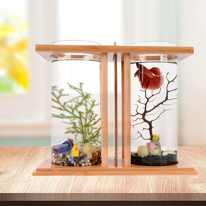 Acrylic Mini Fish Tank,Creative Wood Desktop Mini Aquarium Tank Bowl with LED Light for Goldfish Betta Small Fish Aquarium Small Fish Tank Office Business Home Decor