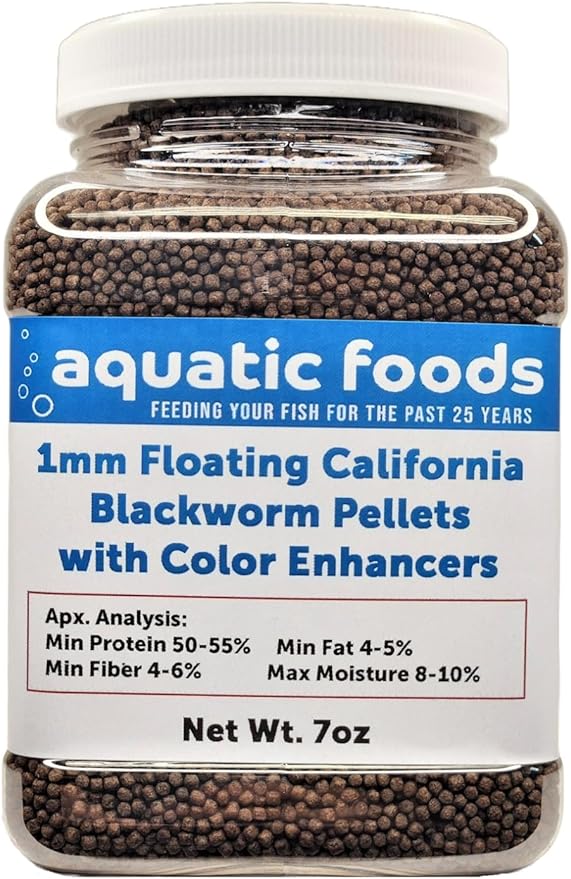 1 mm Floating Blackworm Pellets with Color Enhancers & Vitamins. Great for All Tropical Fish, Marine Fish, Cichlids, Carnivores, Discus, Coldwater Fish, Koi & Pond Fish…7oz Small Jar