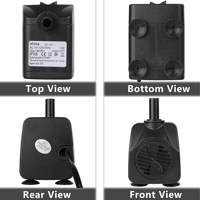 alizzy 150 GPH (570L/H) 10w Durable Small Submersible Water Pump with Tubing for Fountain, Aquarium, Fish Tank, Hydroponics, Pond