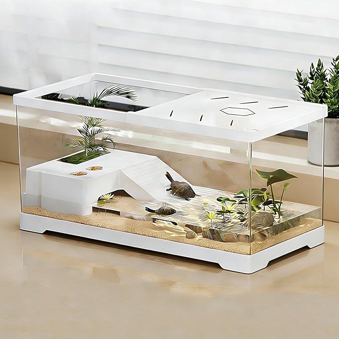 Turtle Fish Tank with Basking Platform and Bottom Drainage, 11.8" x 7" x 7.3" Aquatic Turtle Tank for Juvenile Turtle, Crayfish, Crabs, Amphibians, Reptiles, PC Material, White Color