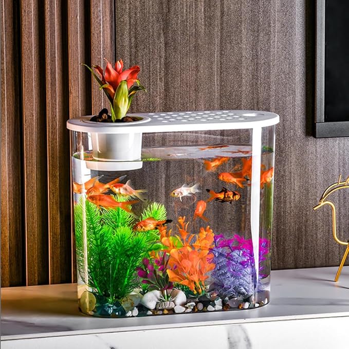 Small Fish Tank 2 Gallon, Desktop Mini Fish Tank, Starter Kits Betta Fish Tank with Decor Stones and Water Grass Decorations for Home or Office