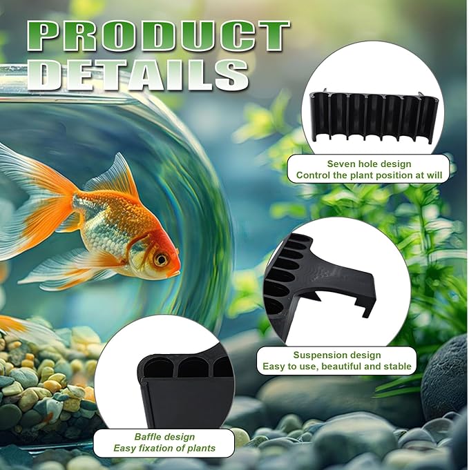2PC 7 Holes Upgraded Aquarium Plant Holder, Aquatic Plants Cup for Tank, Fish Tank Plant Holder with Long Hook, Aquarium Feeder for Aquascape Decorations on Top of Tank (Black-2PC)