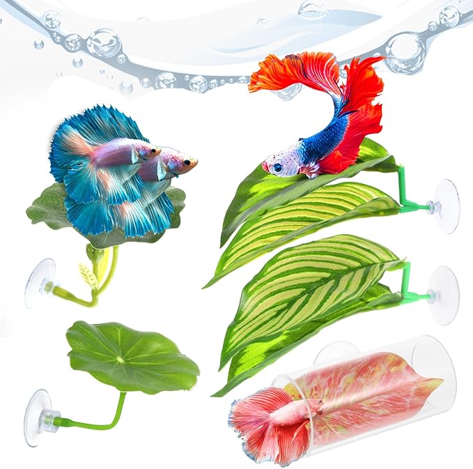 Ouligay 5 Pack Betta Fish Hammock Soft Betta Leaf Hammock for Aquarium Acrylic Plastic Plants Practical Resting Spot Beta Fish Tank Decoration for Sleeping Resting Hiding Playing, with Suction Cup