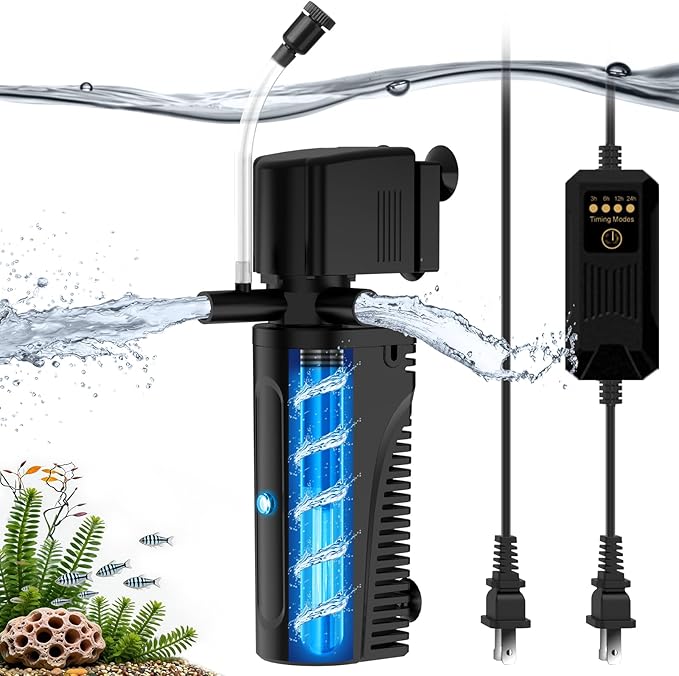 Aquarium U-V Filter for Green Water, Fish Tank Filter with U-V Light & Timer, Turtle Tank Filter with Dual Outlet & Aeration, for 10-30 Gallon Freshwater & Saltwater