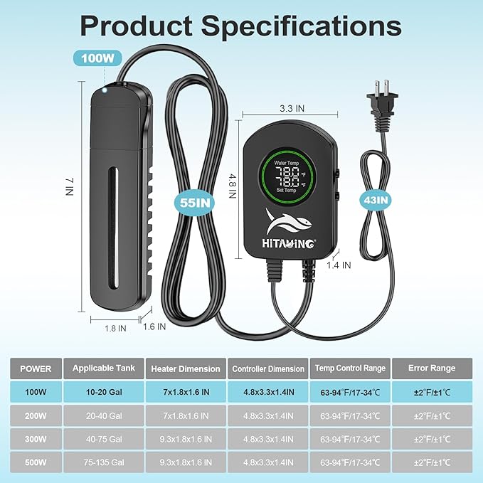 HiTauing Aquarium Heater, 100W/200W/300W/500W Fish Tank Heater with Upgraded LED Large Display, Up/Down Control Buttons and Intelligent Leaving Water Automatic Power-Off for Saltwater and Freshwater